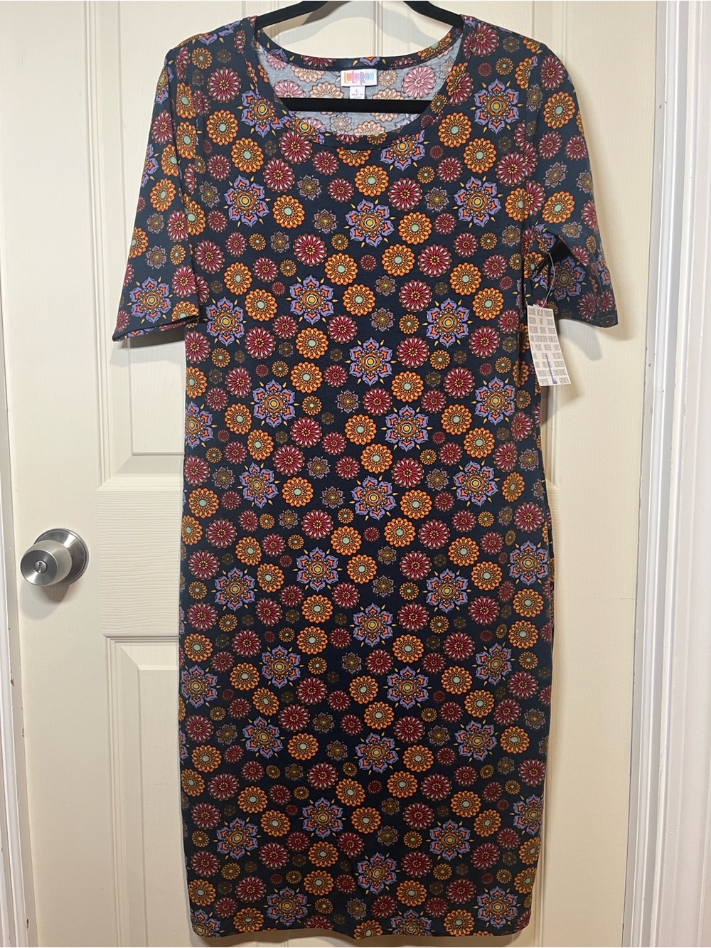 Women's Blue Floral Midi Dress with Multicolor Medallion Print
